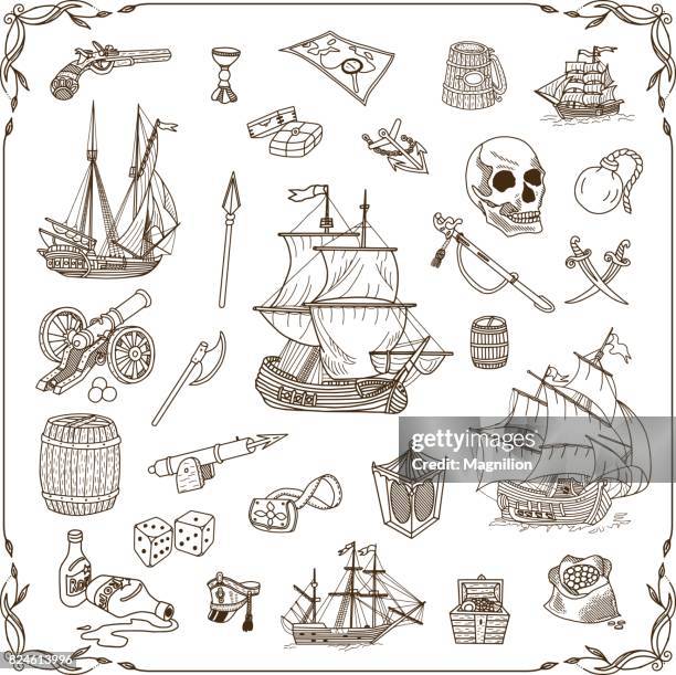 illustrazioni stock, clip art, cartoni animati e icone di tendenza di set doodles del vecchio mare - pirata