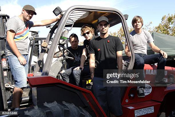Matt Hoopes, EthanLuck, Matt Thiessen, John Warne, and Jon Schneck of Relient K backstage at the Vans Warped Tour 2008 at Shoreline Amphitheatre on...