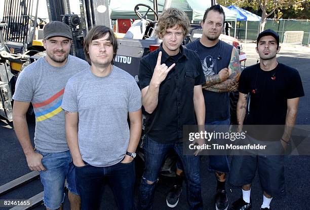 Matt Hoopes, John Warne, Matt Thiessen, Ethan Luck, and Jon Schneck of Relient K backstage at the Vans Warped Tour 2008 at Shoreline Amphitheatre on...