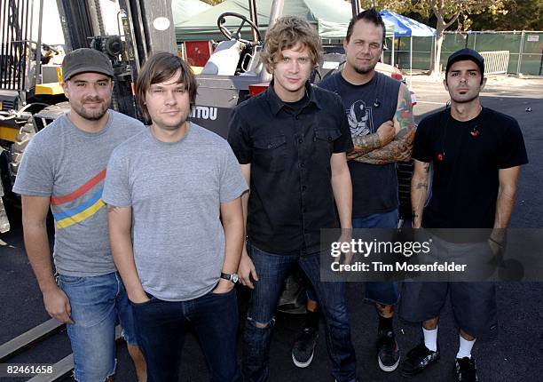 Matt Hoopes, John Warne, Matt Thiessen, Ethan Luck, and Jon Schneck of Relient K backstage at the Vans Warped Tour 2008 at Shoreline Amphitheatre on...