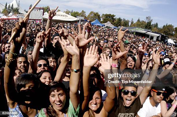 The crowd watches the performers at the Vans Warped Tour 2008 at Shoreline Amphitheatre on August 15, 2008 in Mountain View, California.