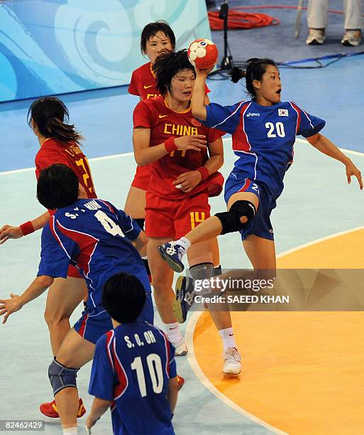 Moon Pilhee takes shoots for a goal after dodging the Chinese defence line during their 2008 Beijing Olympic Games women's handball quarterfinal...