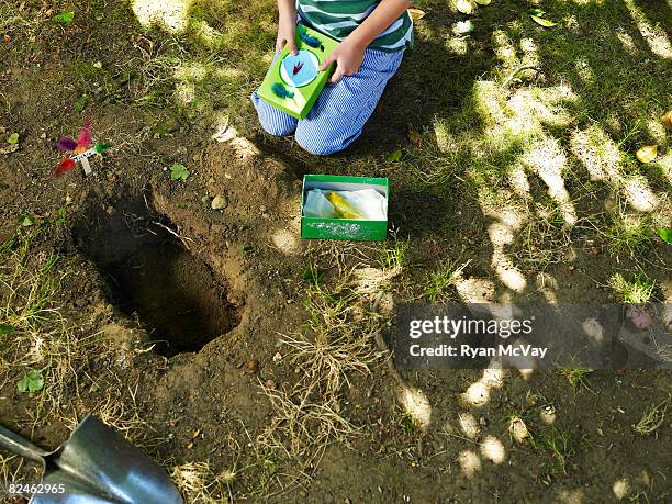 boy burying dead bird - memorial garden stock pictures, royalty-free photos & images