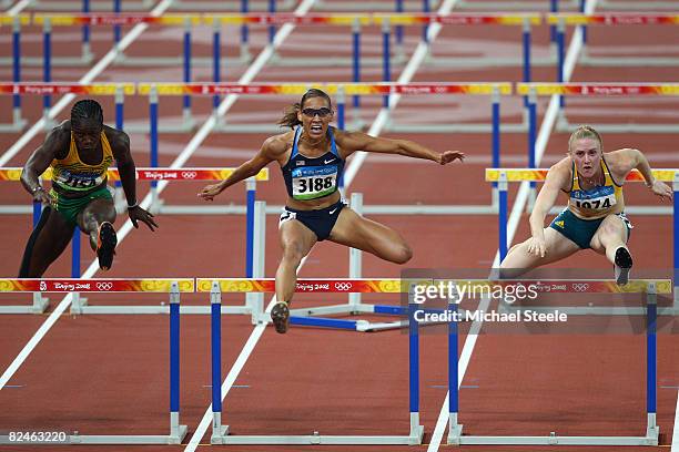 Delloreen Ennis-London of Jamaica, Lolo Jones of the United States and Sally McLellan of Australia compete in the Women's 100m Hurdles Final held at...