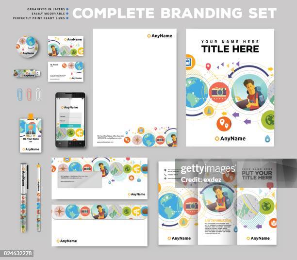 corporate identity stationary items - travel brochure stock illustrations