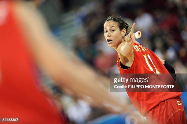 Spain's Nuria Martinez gestures during the women's quarter-final basketball match Russian Federation vs. Spain at the Olympic basketball gymnasium on...