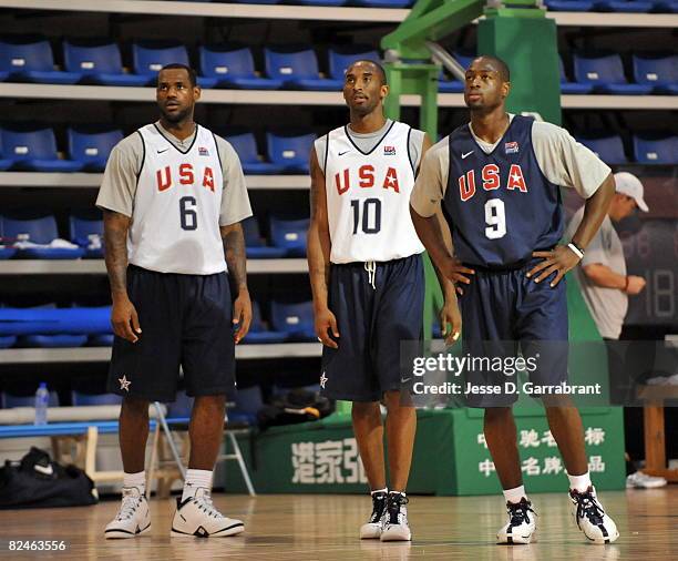 LeBron James, Kobe Bryant and Dwyane Wade of U.S. Men's Senior National Team practices during the 2008 Beijing Summer Olympics on August 19, 2008 at...