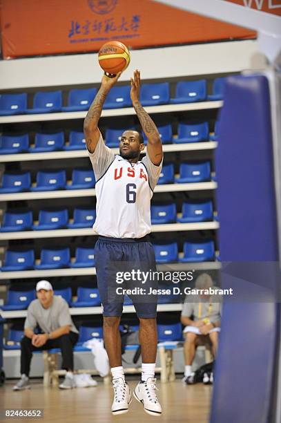 LeBron James of U.S. Men's Senior National Team practices during the 2008 Beijing Summer Olympics on August 19, 2008 at the USOC training facility in...