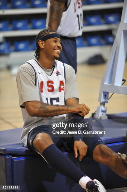 Carmelo Anthony of U.S. Men's Senior National Team practices during the 2008 Beijing Summer Olympics on August 19, 2008 at the USOC training facility...