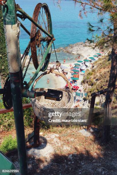 xigia beach and wicker basket to carry drinks. zakynthos, greece - トラッグ ストックフォトと画像