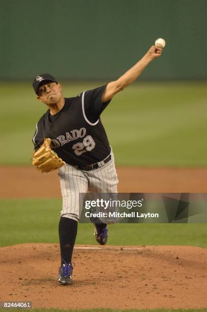 Jorge De La Rosa of the Colorado Rockies pitches during a baseball game against the Washington Nationals on August 15, 2008 at Nationals Park in...