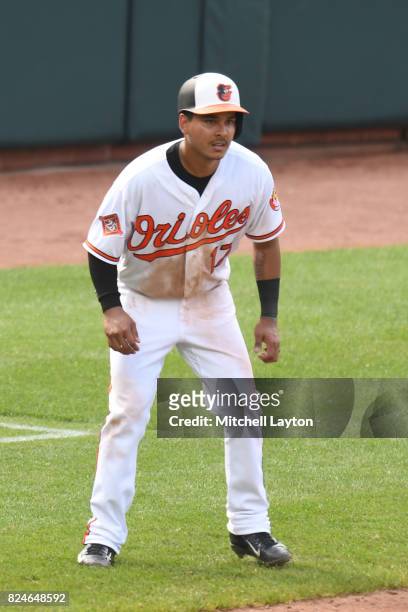 Ruben Tejada of the Baltimore Orioles leads off third base during a baseball game against the Houston Astros at Oriole Park at Camden Yards on July...