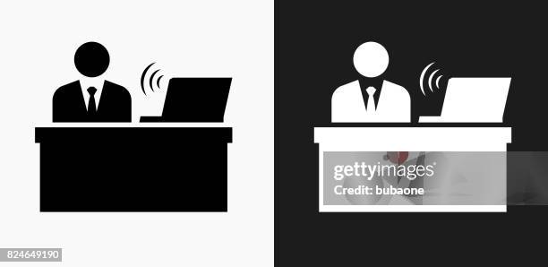 businessman at desk icon on black and white vector backgrounds - multiple computers desk stock illustrations