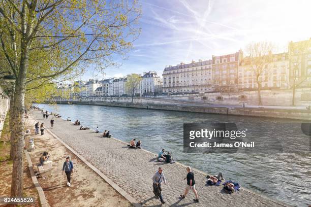 the river seine walkway with parisians relaxing, paris, france - paris france stock-fotos und bilder