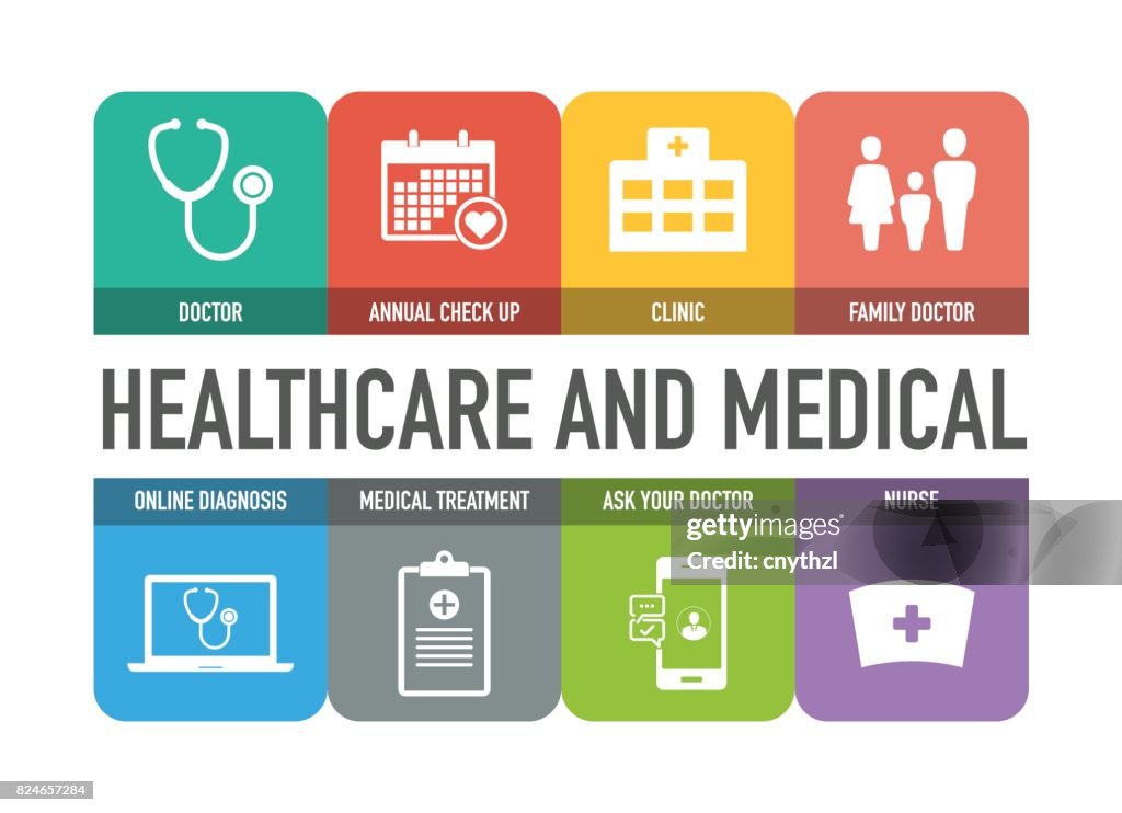 Gesundheitswesen und medizinische bunte Icons Set