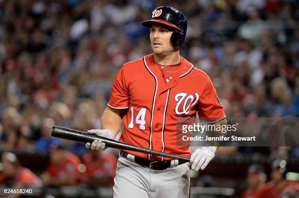 Chris Heisey of the Washington Nationals reacts while at bat in the sixth inning in the game against the Arizona Diamondbacks at Chase Field on July...