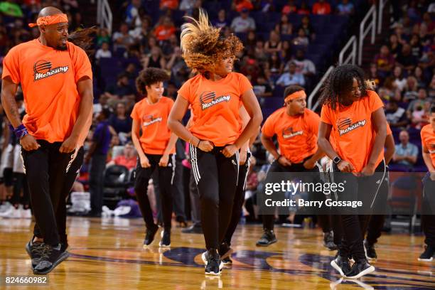 The Phoenix Mercury dance team performs during the game against the San Antonio Stars on July 30, 2017 at Talking Stick Resort Arena in Phoenix,...