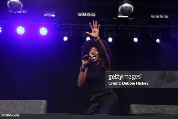 Boney M perform on stage during Punchestown Music Festival at Punchestown Racecourse on July 30, 2017 in Naas, Ireland.