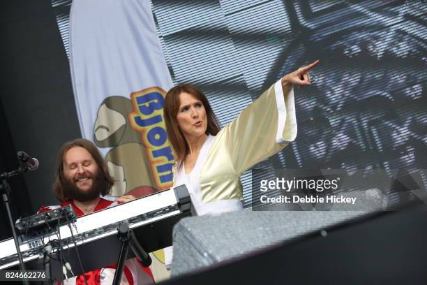 Abba tribute band Bjorn Again performs on stage during Punchestown Music Festival at Punchestown Racecourse on July 30, 2017 in Naas, Ireland.