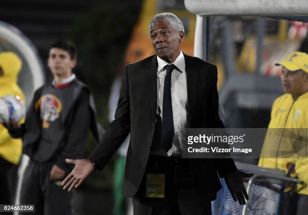 Francisco Maturana, coach of Once Caldas, gestures during a match between Independiente Santa Fe and Once Caldas as part of the 5th round of the Liga...