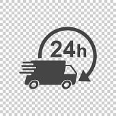 Delivery 24h truck with clock vector illustration. 24 hours fast delivery service shipping icon. Simple flat pictogram for business, marketing or mobile app internet concept