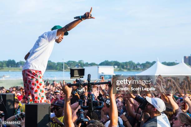 Tyler, The Creator performs during day 2 of the Mo Pop Festival at Detroit Riverfront on July 30, 2017 in Detroit, Michigan.