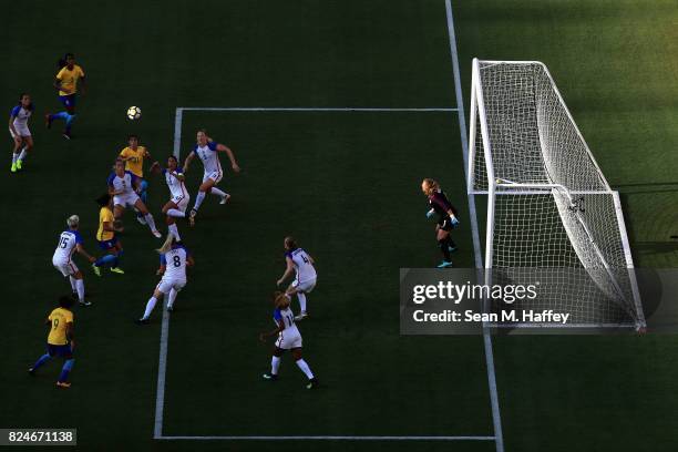 Alyssa Naeher, Becky Sauerbrunn, Carli Lloyd, Casey Short, Julie Ertz and Samantha Mewis of the United States Debinha, Bruna Benites, and Monica of...