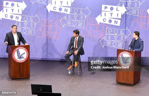 Cenk Uygur, Steven Olikara, and Ben Shapiro at the 'Cenk Uygur vs. Ben Shapiro' panel during Politicon at Pasadena Convention Center on July 30, 2017...