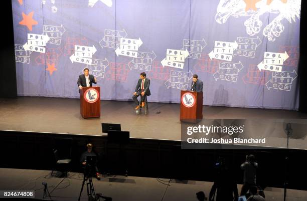 Cenk Uygur, Steven Olikara, and Ben Shapiro at the 'Cenk Uygur vs. Ben Shapiro' panel during Politicon at Pasadena Convention Center on July 30, 2017...