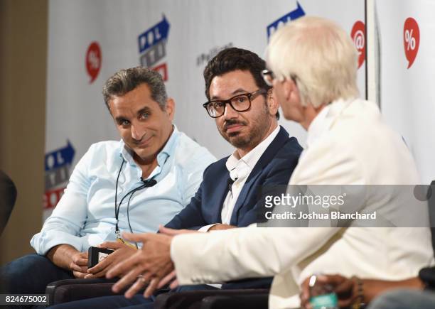 Bassem Youssef, Al Madrigal, and Doug McIntyre at the 'Is It Funny or Offensive? Presents: Humor, Satire and Speech in The Age of Trump' panel during...