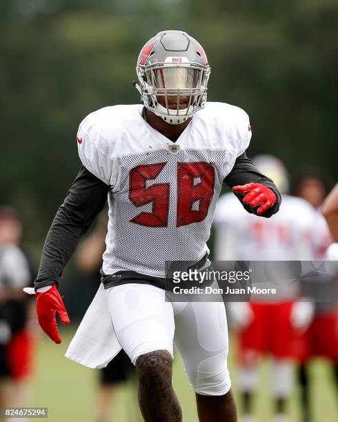 Linebacker Kwon Alexander of the Tampa Bay Buccaneers works out during Training Camp at One Buc Place on July 30, 2017 in Tampa, Florida.