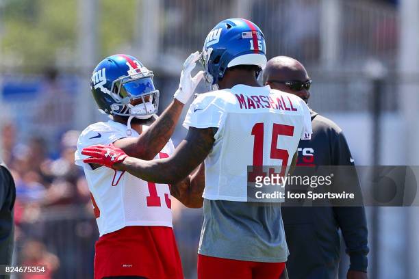 New York Giants wide receiver Odell Beckham talks with teammate New York Giants wide receiver Brandon Marshall during 2017 New York Giants Training...