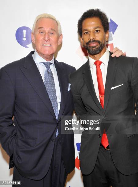 Roger Stone and Toure at Politicon at Pasadena Convention Center on July 30, 2017 in Pasadena, California.