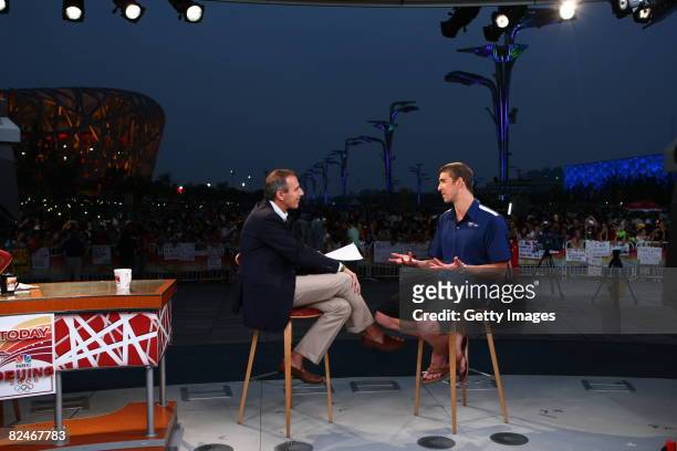 Host Matt Lauer interviews Michael Phelps on the NBC Today Show after the swimmer had won eight gold medals at the Beijing 2008 Olympic Games on...