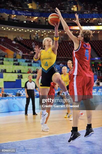 Erin Phillips of Australia shoots against Jana Vesela of the Czech Republic during day 1 of the women's quater-finals basketball game at the 2008...