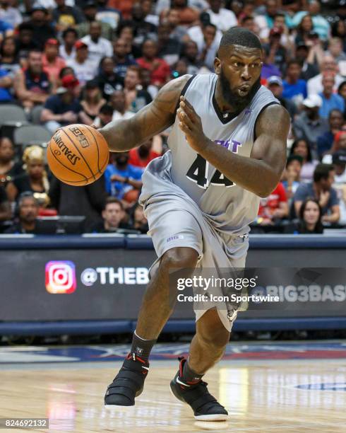 Ghost Ballers forward Ivan Johnson drives to the basket during the Big3 basketball game between the Ghost Ballers and Trilogy on July 30 at the...