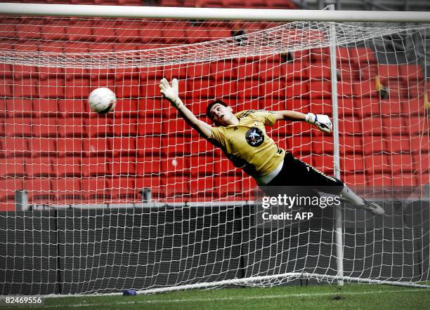 Goalkeeper Iker Casillas trains during a training session with the Spanish national soccer team players at the Parken Stadium in Copenhagen on August...