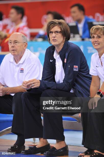 Head Coach Anne Donovan of the U.S. Women's Senior National Team looks on against Korea during day 1 of the women's quarter-finals basketball game at...