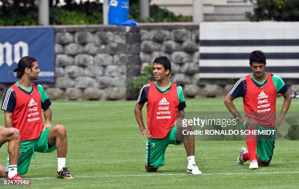 Mexico's footballers Rafael Marquez , Pavel Pardo and Carlos Vela , participate of a training session in Mexico City on August 19, 2008. Mexico will...