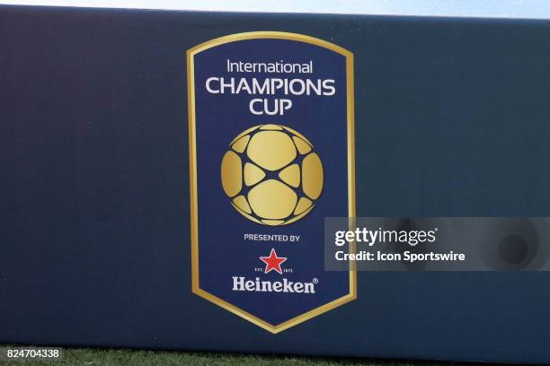 The International Champions Cup logo is on display at the game between Manchester City and Tottenham Hotspur. Manchester City defeated Tottenham by...