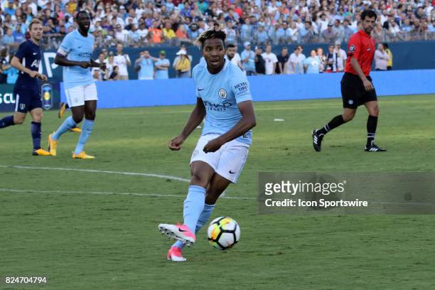 Manchester City defender Demaeco Duhaney clears the ball out of the box in the game between Manchester City and Tottenham Hotspur. Manchester City...