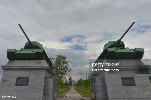 View of a monument with two of four tanks, used during the fighting by the 6th Army at the Ukrainian Front, located at the entrance gate to the...