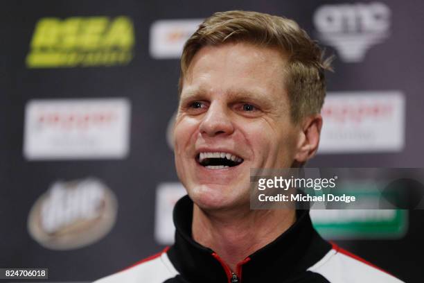Nick Riewoldt reacts as he speaks to media after announcing his retirement during a St Kilda Saints AFL press conference at Linen House Oval on July...