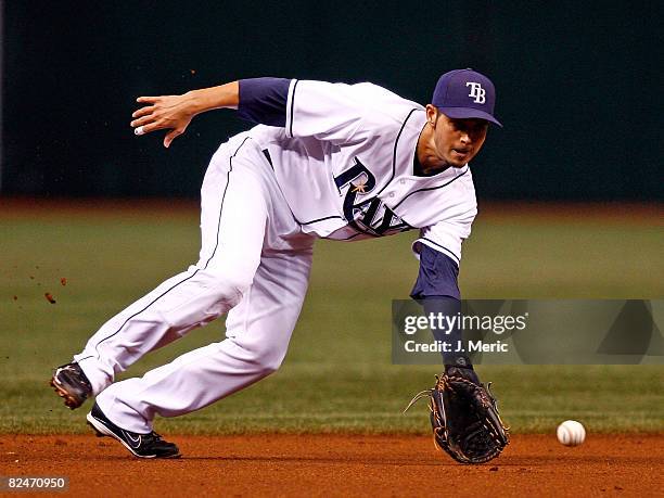 Shortstop Jason Bartlett of the Tampa Bay Rays fields a ground ball against the Los Angeles Angels during the game on August 19, 2008 at Tropicana...