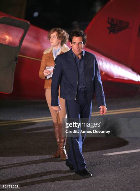 Actress Amy Adams and actor Ben Stiller on location for "Night at the Museum 2: Battle of the Smithsonian" at the Natural Museum of History on August...