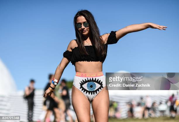 Suzie is seen wearing Discount Universe bikini bottoms during the 2017 Panorama Music Festival Day 3 at Randall's Island on July 30, 2017 in New York...