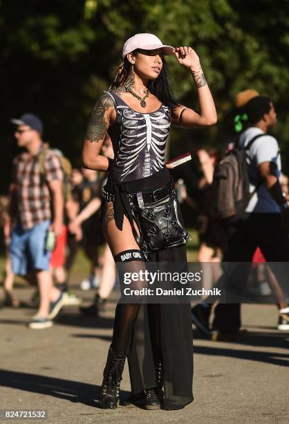 Mileena Fox is seen wearing a skeleton bathing suit with cape during the 2017 Panorama Music Festival Day 3 at Randall's Island on July 30, 2017 in...