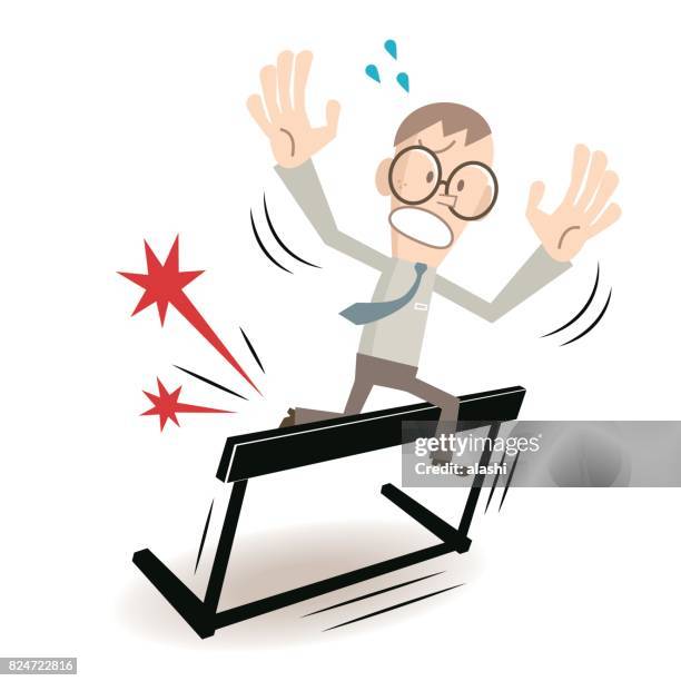 businessman (man, hurdler, athlete, nerd) with glasses tripping over on hurdle (failure) - hopelessness stock illustrations