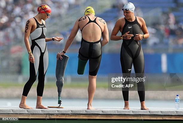 South Africa's Natalie du Toit prepares to compete in the Women's Swimming 10 km marathon final of the 2008 Beijing Olympic Games at the Shunyi...