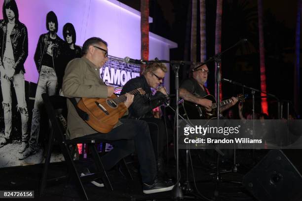 Actor / comedian Fred Armisen, musican Billy Idol, and musician Steve Jones perform on stage at the Johnny Ramone Tribute and special screening of...
